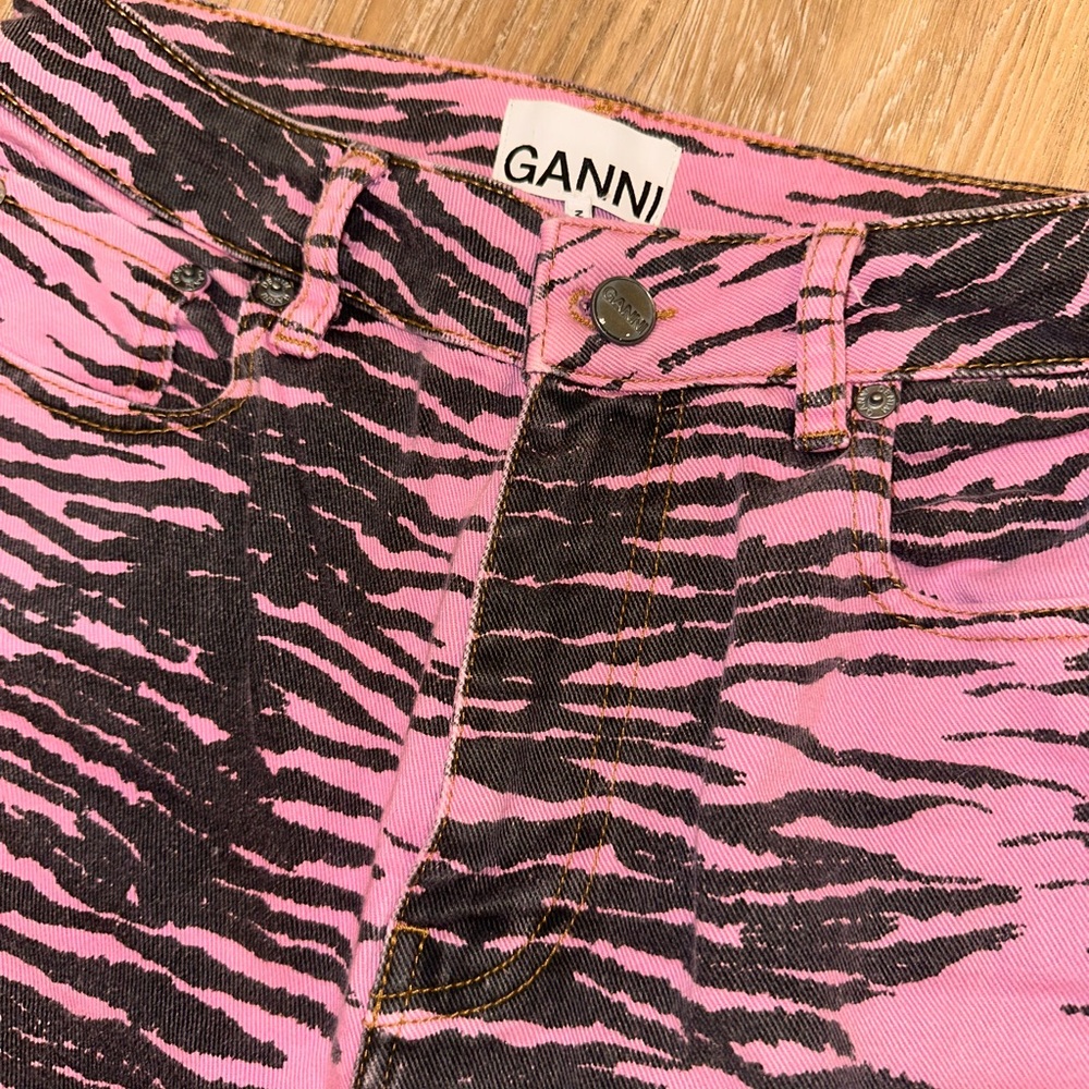 Ganni High Rise Pink and Black Zebra Print Jeans